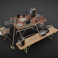Rustic Vintage Wooden Table With Chair Bench And Old Kitchen Items