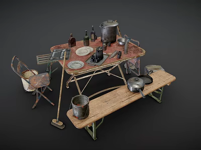 Rustic Vintage Wooden Table With Chair Bench And Old Kitchen Items 3d model