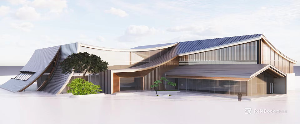 Modern Architectural Building With Curved Roof Glass Facade And Green Plants 3d model 