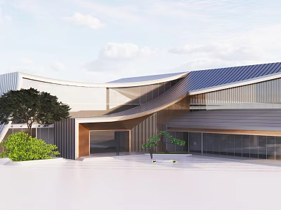 Modern Architectural Building With Curved Roof Glass Facade And Green Plants 3d model