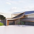 Modern Architectural Building With Curved Roof Glass Facade And Green Plants