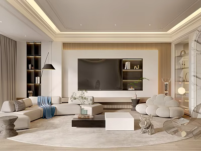Modern Living Room Interior Design With Sofa TV Wall Bookshelves Coffee Table And Decorative Lights 3d model