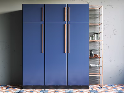 Blue Four Door Wardrobe With Brass Handles And Wire Shelving On Colorful Geometric Tiles 3d model