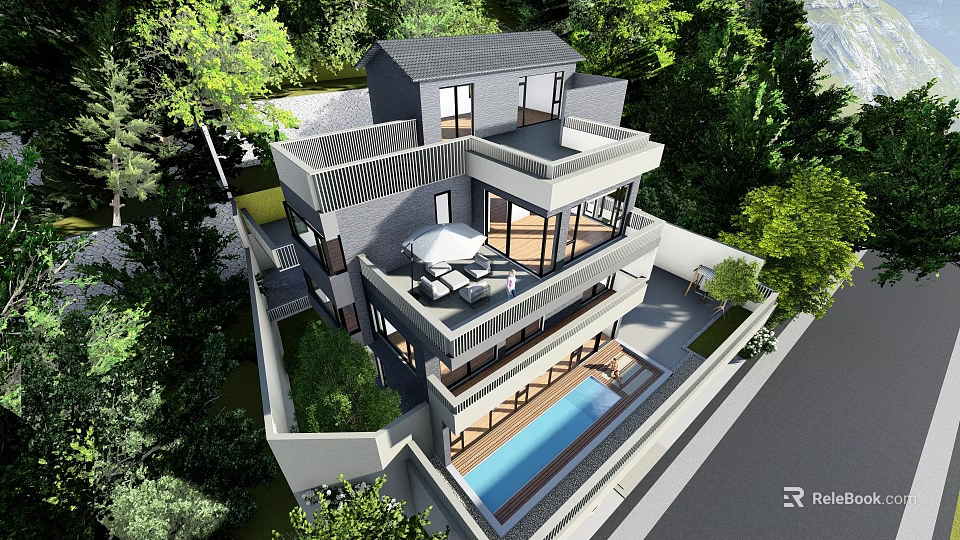 Modern Detached Villa Surrounded by Green Trees with Multiple Terraces and Swimming Pool 3d model 