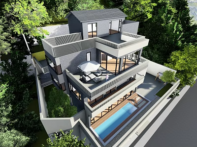 Modern Detached Villa Surrounded by Green Trees with Multiple Terraces and Swimming Pool 3d model