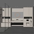 Modern Bathroom Interior With Glass Shower Backlit Round Mirror Wall Mounted Toilet And Tiled Floor