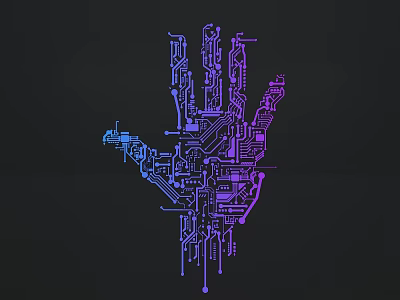 Creative Hand Sculpture Designed With Circuit Board Lines And Neon Purple Blue Hues 3d model