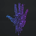 Creative Hand Sculpture Designed With Circuit Board Lines And Neon Purple Blue Hues