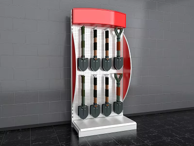 Hardware Tools Shovels On Red Top White Base Display Stand With Gray Brick Wall 3d model