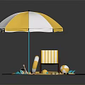 Cartoon Beach Scene With Yellow And White Umbrella Striped Deck Chair Lifebuoy And Flip Flops