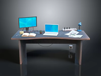Practical Office Desk with Monitor Laptop Desk Lamp Open Book and Papers 3d model