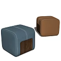 Stylish Square Blue and Brown Leather Ottomans with Wooden Base Design