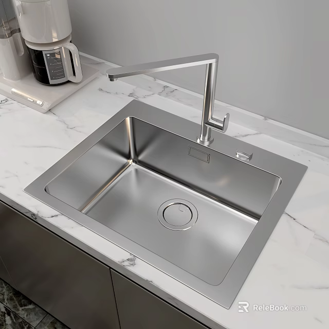 Modern Stainless Steel Kitchen Sink With Single Handle Faucet On Marble Countertop 3d model 