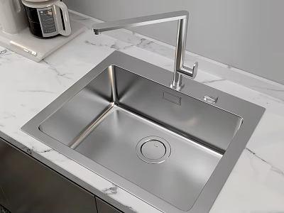 Modern Stainless Steel Kitchen Sink With Single Handle Faucet On Marble Countertop 3d model