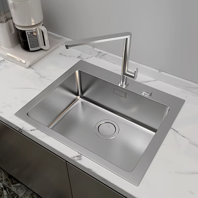 Modern Stainless Steel Kitchen Sink With Single Handle Faucet On Marble Countertop 3d model
