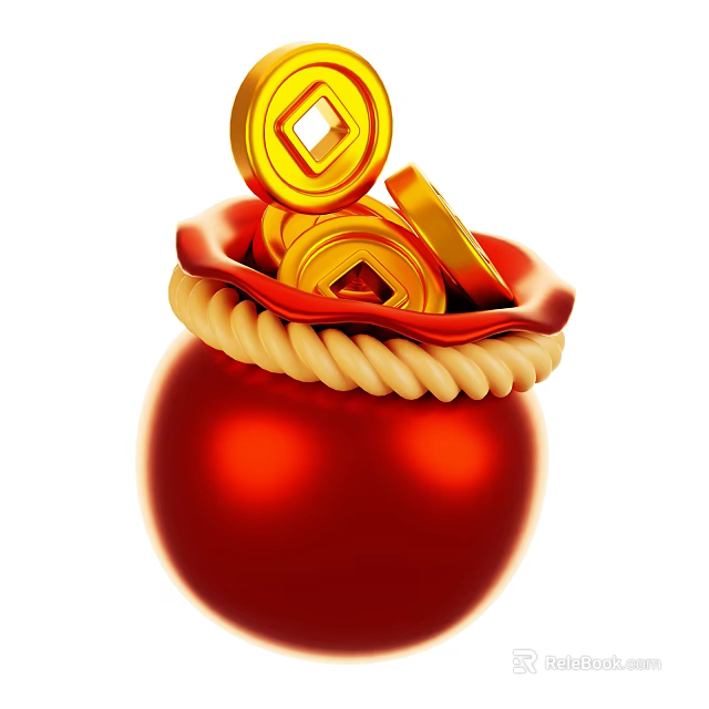 Decorative Ornament Set Featuring Red Bag With Braided Rope And Gold Coins 3d model 