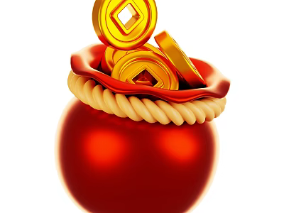 Decorative Ornament Set Featuring Red Bag With Braided Rope And Gold Coins 3d model