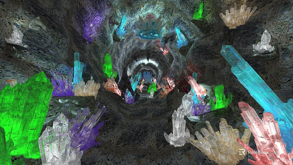 Stunning Multicolored Shining Crystal Clusters Inside The Deep Mysterious Natural Underground Rock Cave 3d model 