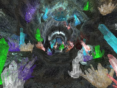 Stunning Multicolored Shining Crystal Clusters Inside The Deep Mysterious Natural Underground Rock Cave 3d model