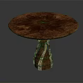 Round Wooden Table With Intricate Patterned Top And Wood Metal Base