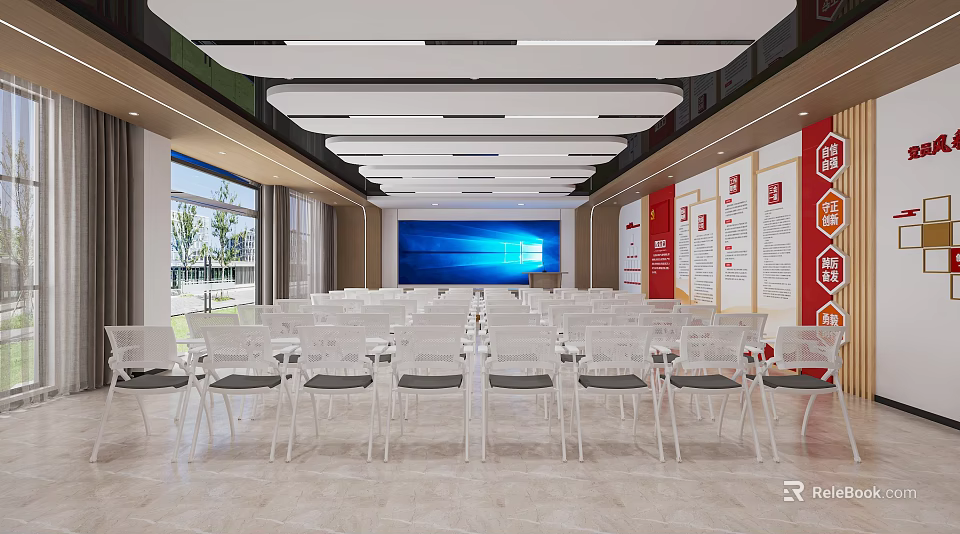 Modern Conference Room Interior With Large Screen White Chairs And Wall Displays 3d model 