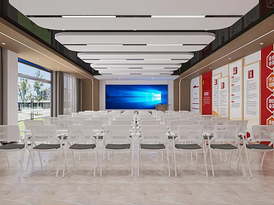 Modern Conference Room Interior With Large Screen White Chairs And Wall Displays 3d model