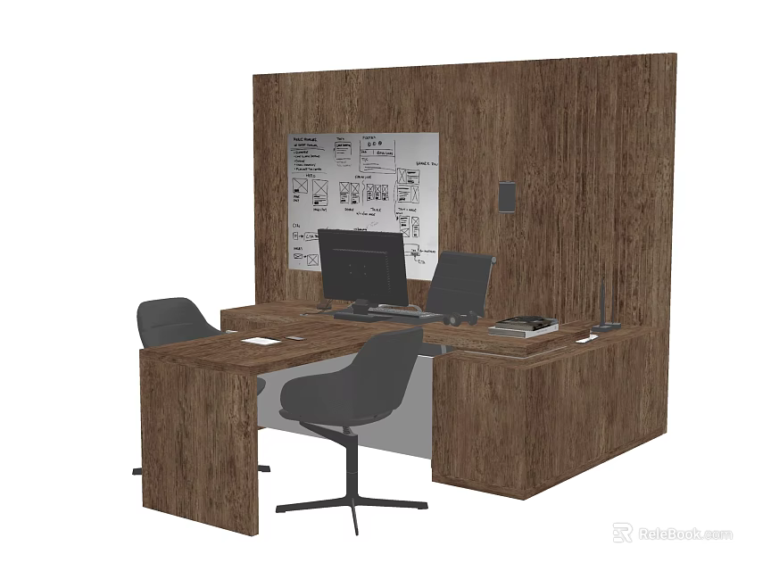 Wooden Office Desk Setup With Computer Ergonomic Chair And Blueprints On Wall 3d model 