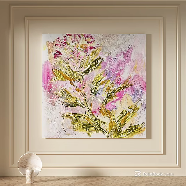 Abstract Painting With Pink Yellow Green Floral Plant Textured Brushstrokes Wall Decor 3d model 