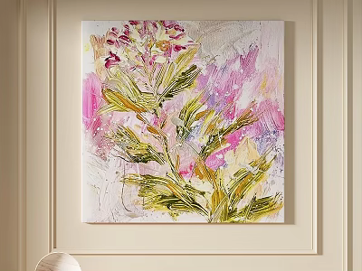 Abstract Painting With Pink Yellow Green Floral Plant Textured Brushstrokes Wall Decor 3d model