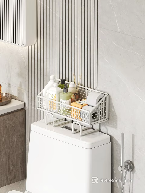 Bathroom Toilet Top Storage With White Metal Wire Basket And Toiletries 3d model 