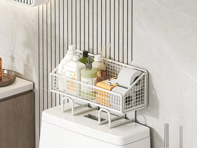 Bathroom Toilet Top Storage With White Metal Wire Basket And Toiletries 3d model