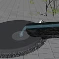 Garden Landscape With Circular Pool Flowing Water And Black Stone Slab