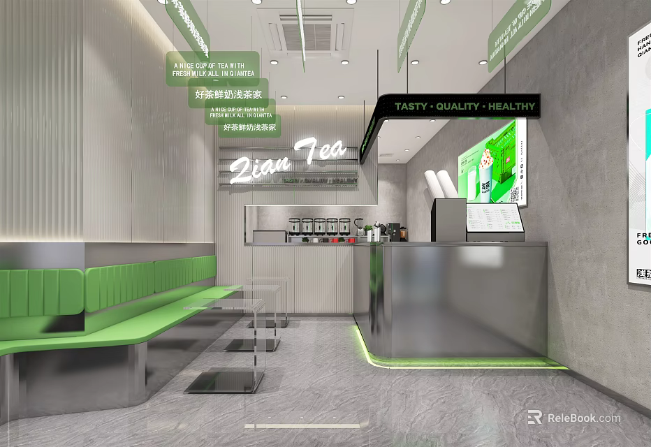 21st Tea Milk Tea Shop Featuring Modern Interior Green Benches And Stainless Steel Counter 3d model 