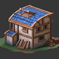 Cartoon Scene of Wooden House with Blue Roof Windows Barrel Wheel Tools Grass Stone Foundation