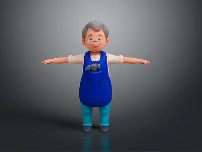 Cartoon Elderly Man With Gray Hair Wearing Blue Apron White Shirt Standing Arms Outstretched 3d model