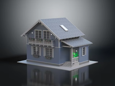 Blue Residential House 3D Model With Gray Roof Balcony Windows And Wooden Door 3d model