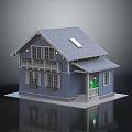 Blue Residential House 3D Model With Gray Roof Balcony Windows And Wooden Door