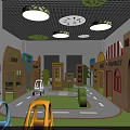 Kindergarten Indoor Play Area With Wooden Shops Traffic Signs Toy Cars And Green Floor