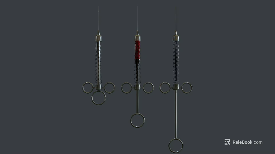 Medical Devices Three Metal Syringes With Different Colored Liquids And Ring Handles 3d model 