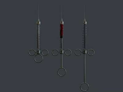 Medical Devices Three Metal Syringes With Different Colored Liquids And Ring Handles 3d model