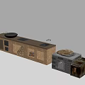 Kitchen Utensils With Wooden Countertop Black Pan Brick Oven Golden Lid Firewood And Transparent Box