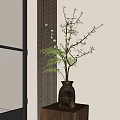 Brown Vase With White Flowers Green Ferns And Branches On Wooden Table In Natural Light