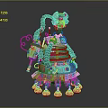 Turquoise And Silver Mechanical Robot Character With Coiled Pipes Antenna Circular Base And Multiple Legs