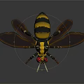 Yellow And Black Mechanical Bee With Transparent Wings Red Eyes Metallic Legs On Dark Background