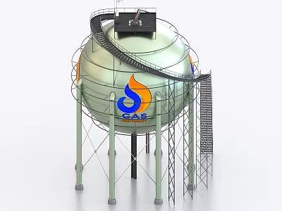 Industrial Equipment Spherical Tank Metal Structure With Staircase Platform GAS Logo And Blue Flame Symbol 3d model