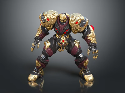 Fierce Mechanical Warrior Creature With Gold Red Armor And Glowing Eyes 3d model