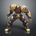 Fierce Mechanical Warrior Creature With Gold Red Armor And Glowing Eyes