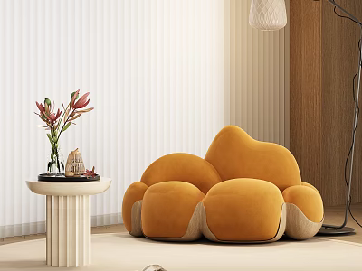 Orange Velvet Lazy Sofa Cloud Shaped Design With Side Table Flower Vase And Wooden Wall 3d model