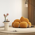 Orange Velvet Lazy Sofa Cloud Shaped Design With Side Table Flower Vase And Wooden Wall