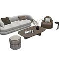 Modern Light Gray Sofa and Coffee Table Set with Cushions Ottoman Side Table and Decorations 3d model